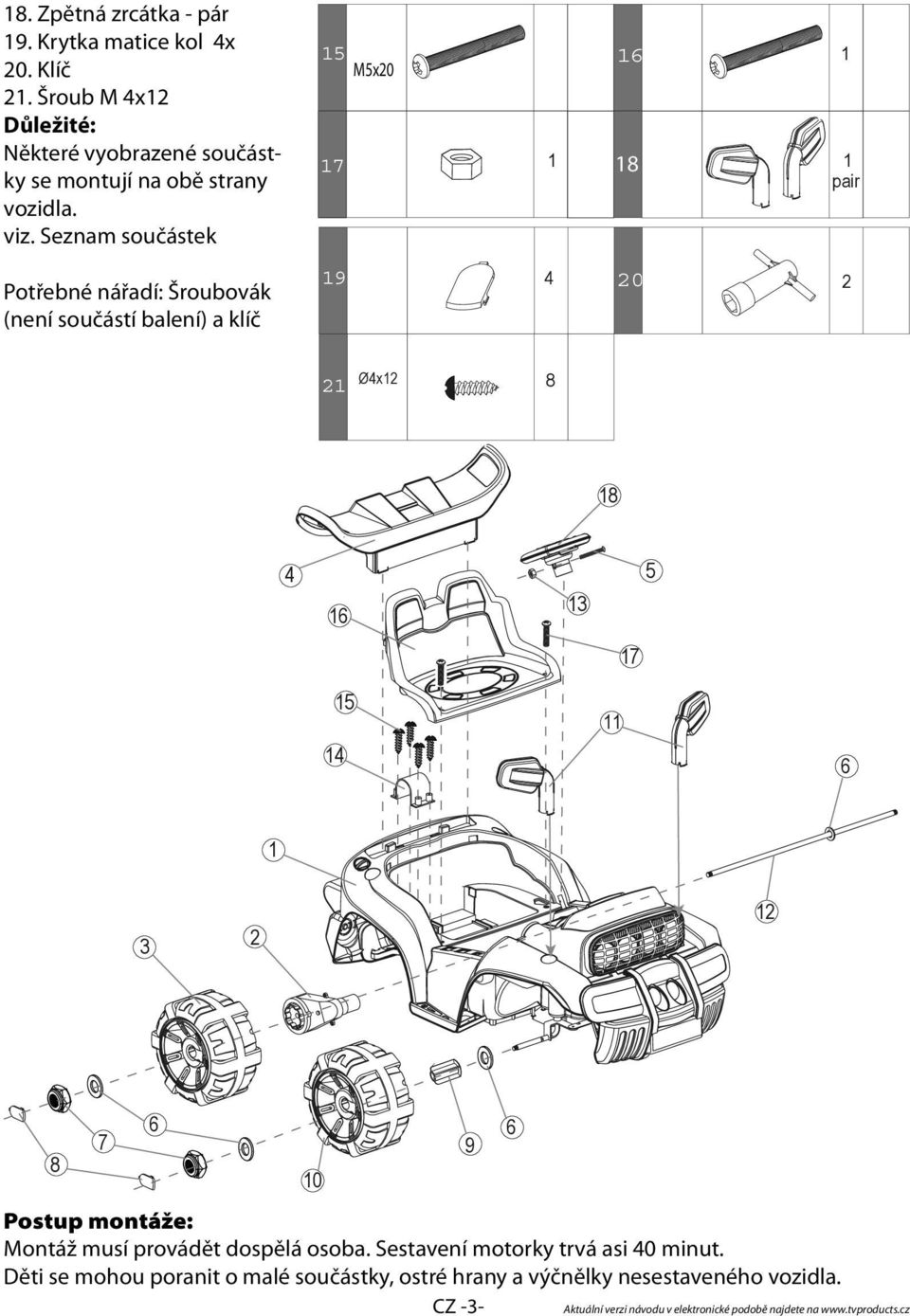 Seznam součástek 15 M5x20 17 16 1 1 18 1 pair Potřebné nářadí: Šroubovák (není součástí balení) a klíč 19 4 20 2 21 Ø4x12 48 18