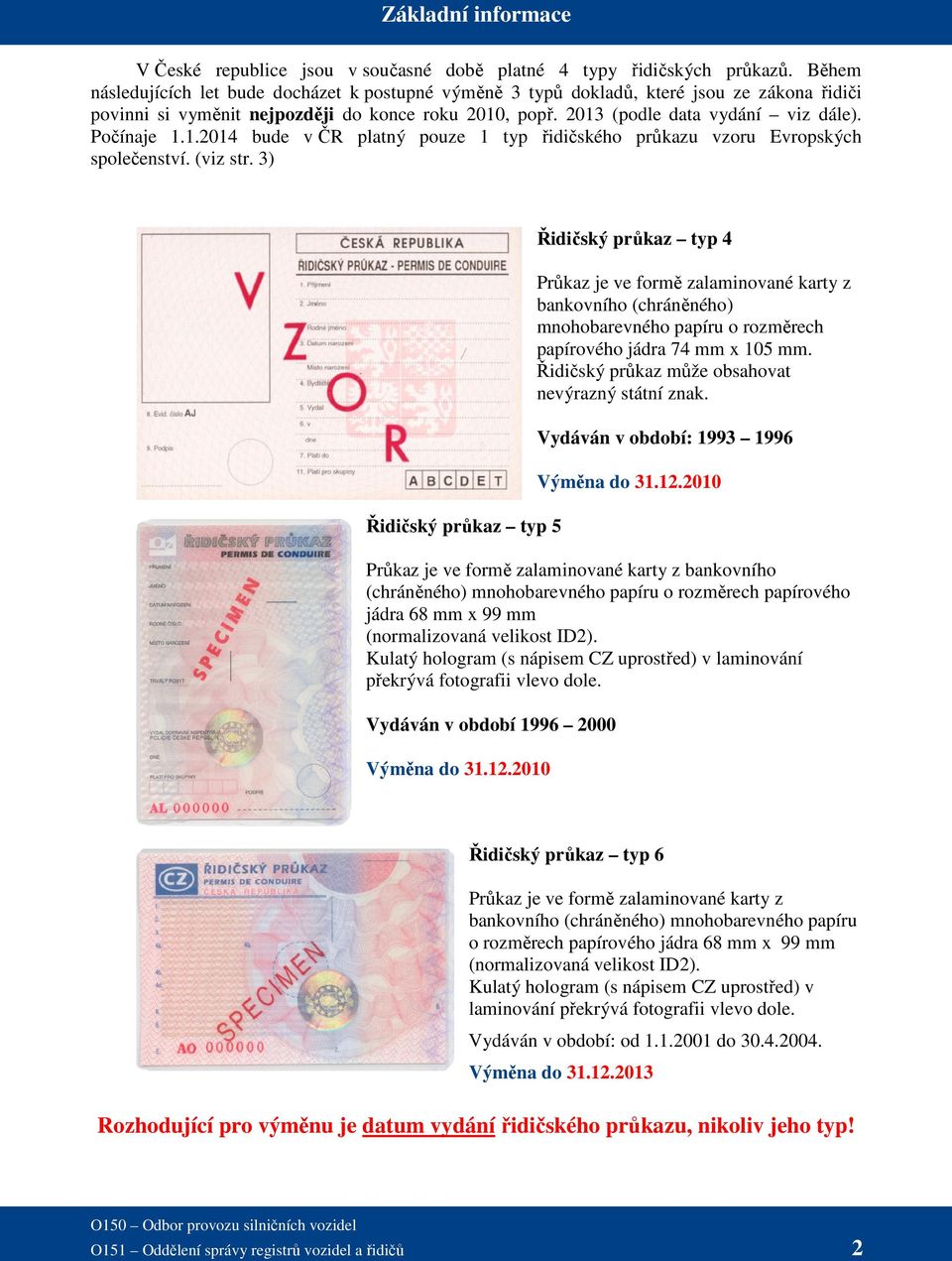 Počínaje 1.1.2014 bude v ČR platný pouze 1 typ řidičského průkazu vzoru Evropských společenství. (viz str.