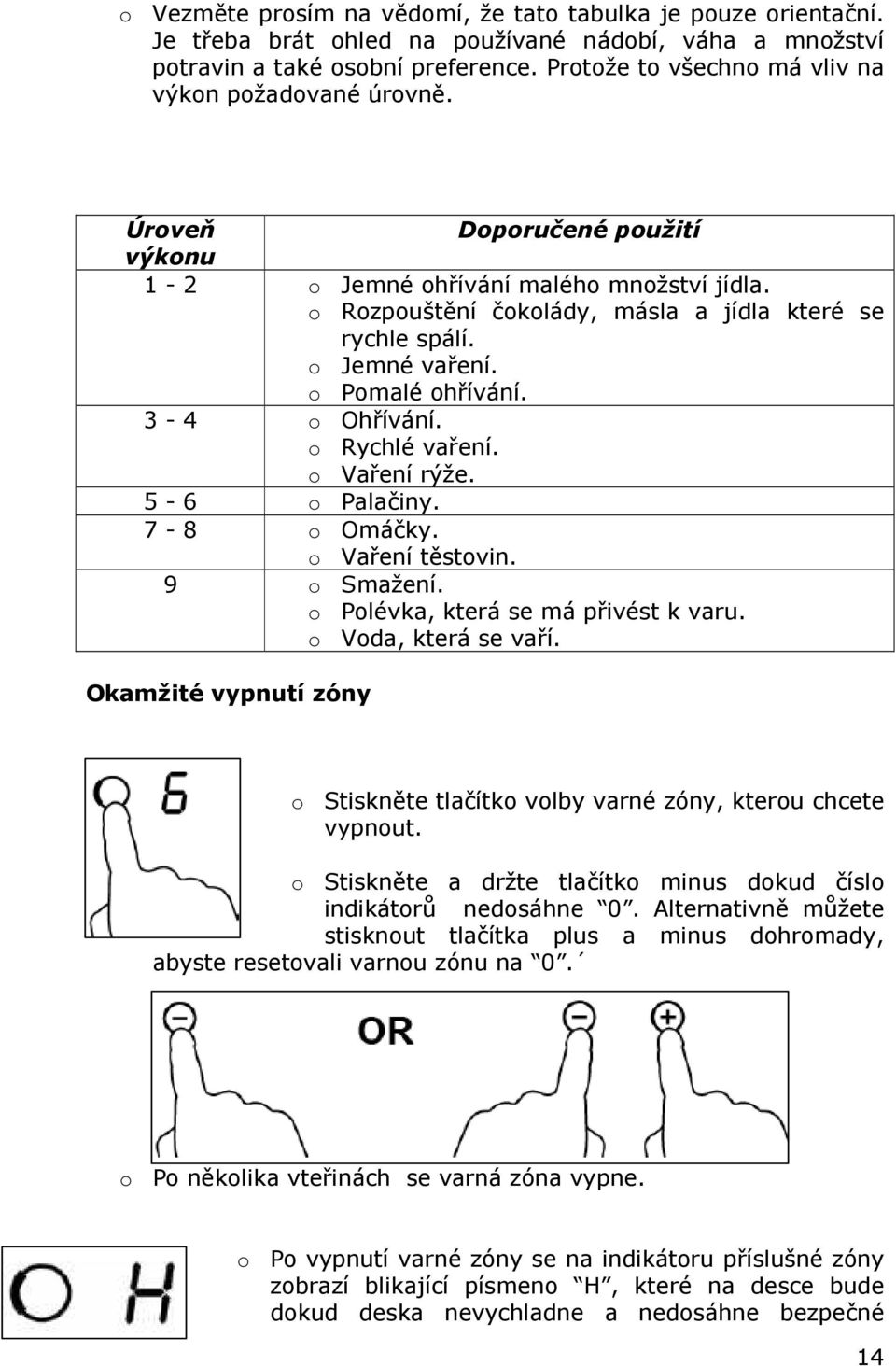 o Jemné vaření. o Pomalé ohřívání. 3-4 o Ohřívání. o Rychlé vaření. o Vaření rýže. 5-6 o Palačiny. 7-8 o Omáčky. o Vaření těstovin. 9 o Smažení. o Polévka, která se má přivést k varu.