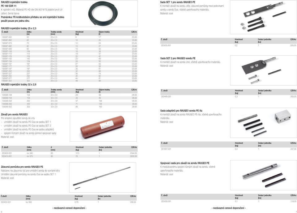 Sada SET 1 pro sondu RAUGEO PE K montáži závaží na sondu, příp. zásuvné pomůcky mezi polovinami sondy u sondy Duo, včetně upevňovacího materiálu. Materiál: ocel RAUGEO injektážní trubky 25 x 2,3 Č.