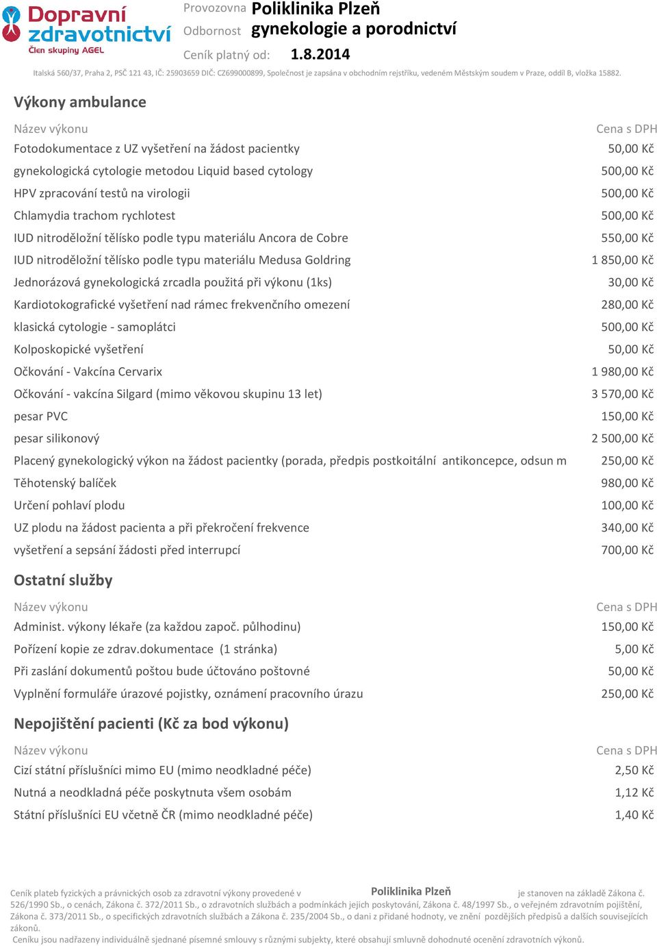 Kardiotokografické vyšetření nad rámec frekvenčního omezení klasická cytologie - samoplátci Kolposkopické vyšetření Očkování - Vakcína Cervarix Očkování - vakcína Silgard (mimo věkovou skupinu 13