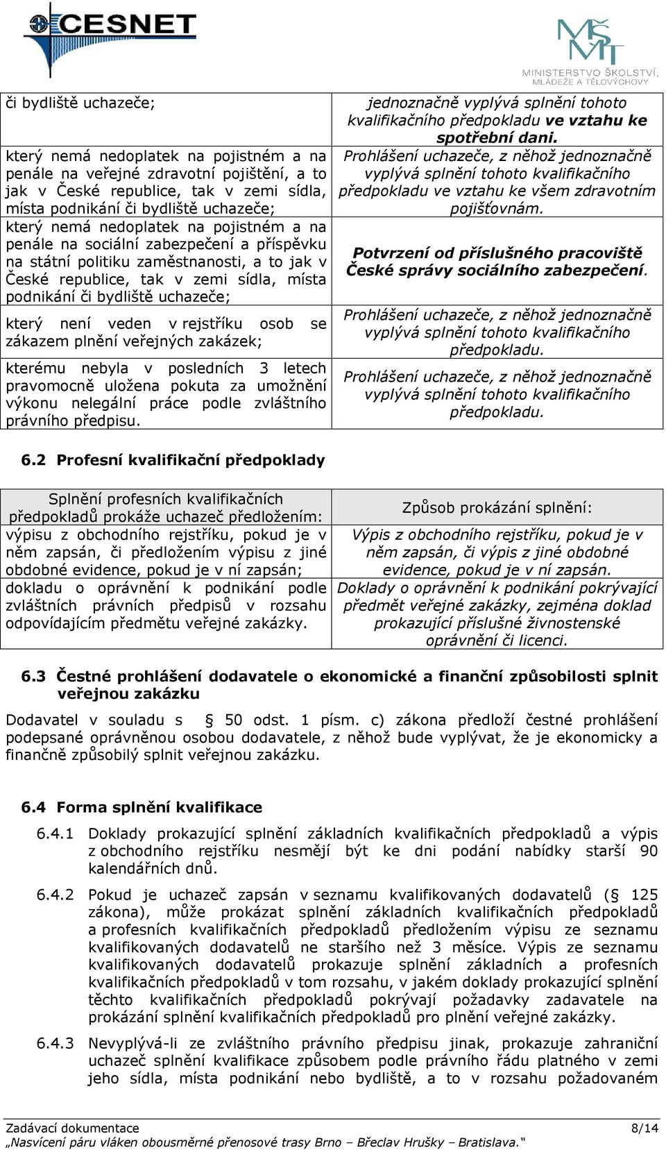 není veden v rejstříku osob se zákazem plnění veřejných zakázek; kterému nebyla v posledních 3 letech pravomocně uložena pokuta za umožnění výkonu nelegální práce podle zvláštního právního předpisu.