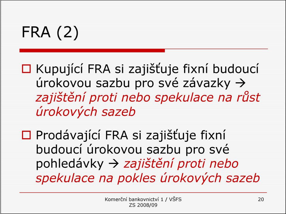 Prodávající FRA si zajišťuje fixní budoucí úrokovou sazbu pro své