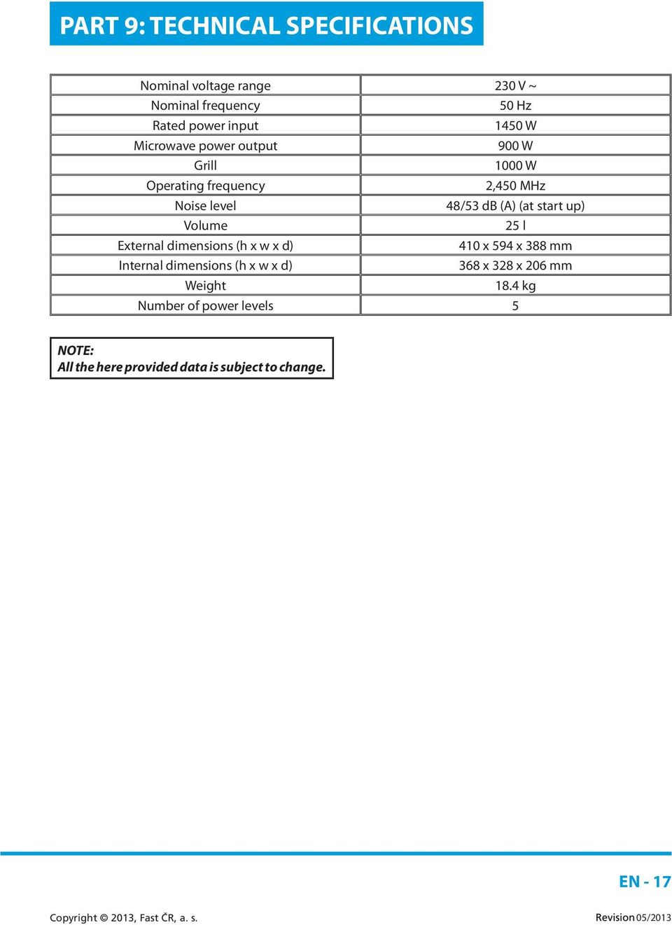 up) Volume 25 l External dimensions (h x w x d) 410 x 594 x 388 mm Internal dimensions (h x w x d) 368 x 328