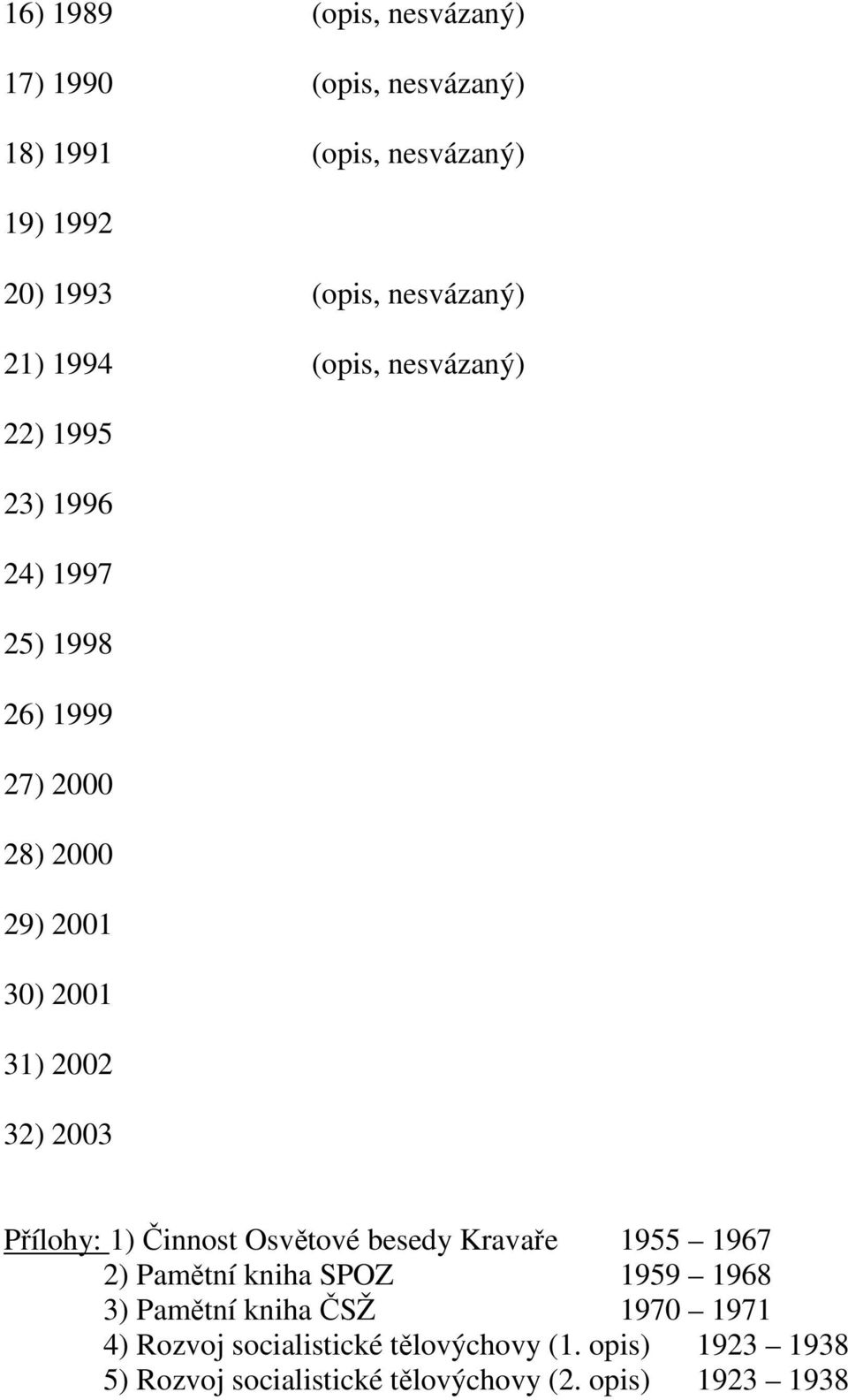 32) 2003 Přílohy: 1) Činnost Osvětové besedy Kravaře 1955 1967 2) Pamětní kniha SPOZ 1959 1968 3) Pamětní kniha ČSŽ