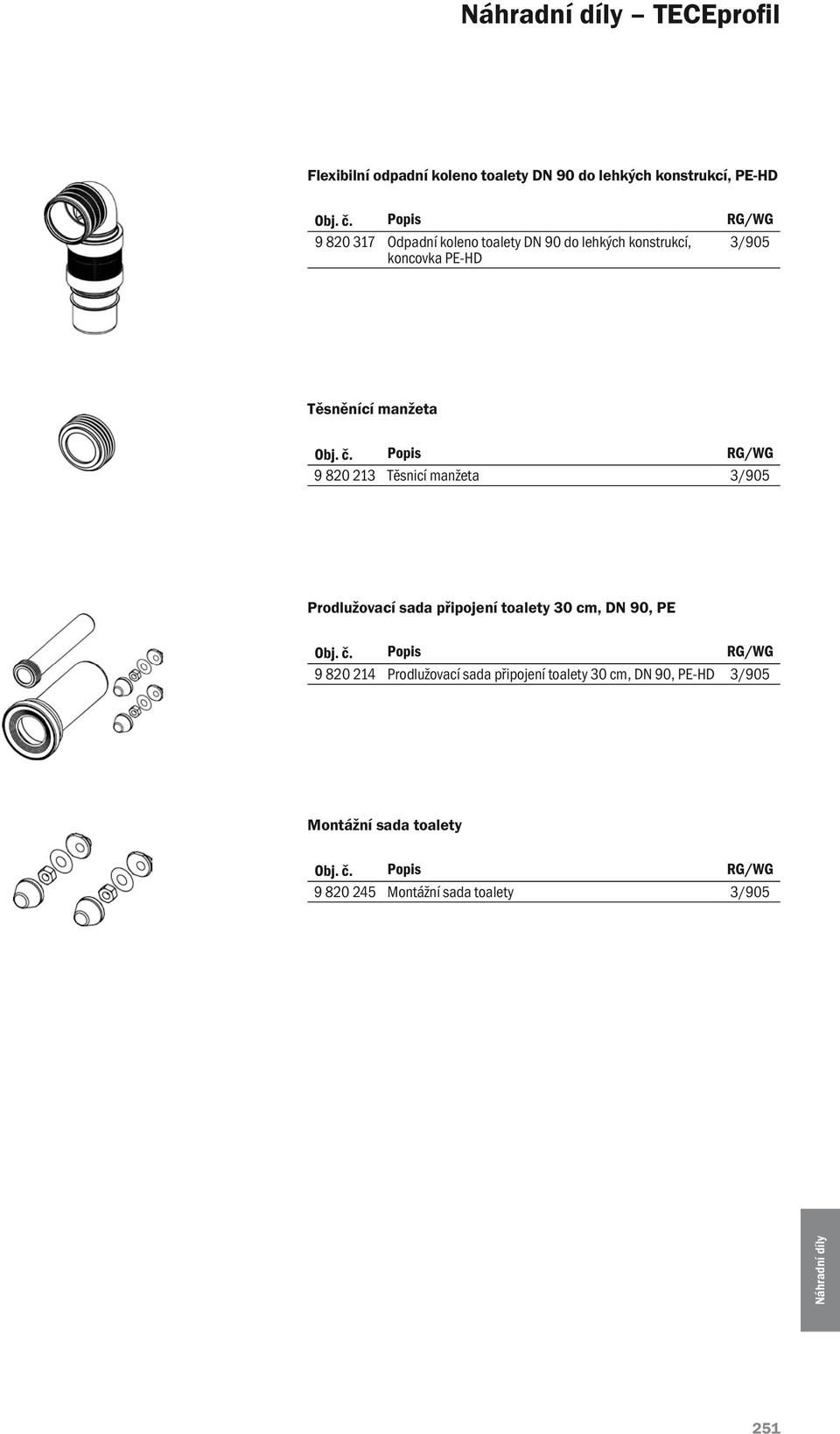 Popis RG/WG 9 820 213 Těsnicí manžeta 3/905 Prodlužovací sada připojení toalety 30 cm, DN 90, PE Obj. č.