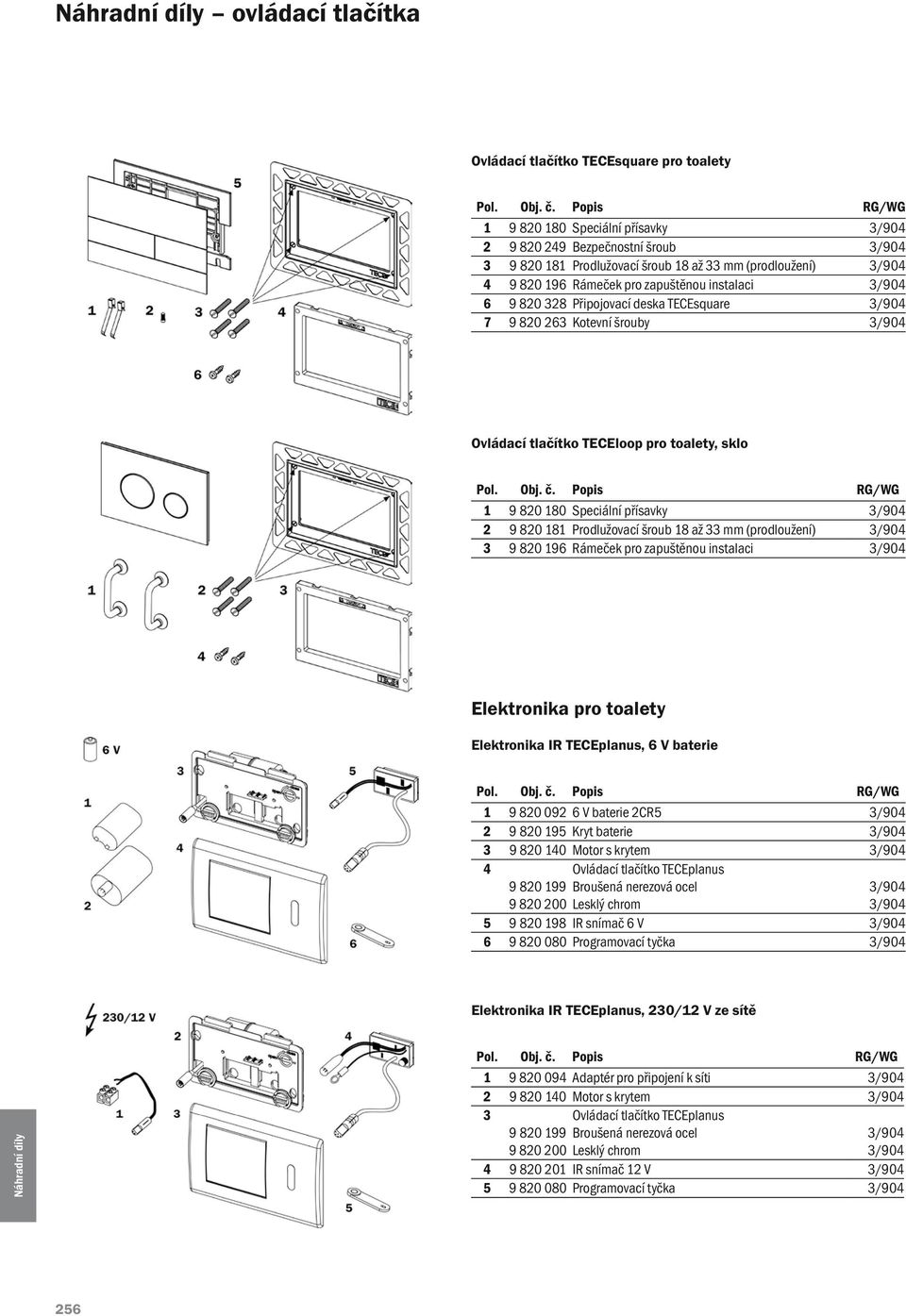 přísavky 3/904 2 9 820 181 Prodlužovací šroub 18 až 33 mm (prodloužení) 3/904 3 9 820 196 Rámeček pro zapuštěnou instalaci 3/904 Elektronika pro toalety Elektronika IR TECEplanus, 6 V baterie 1 9 820