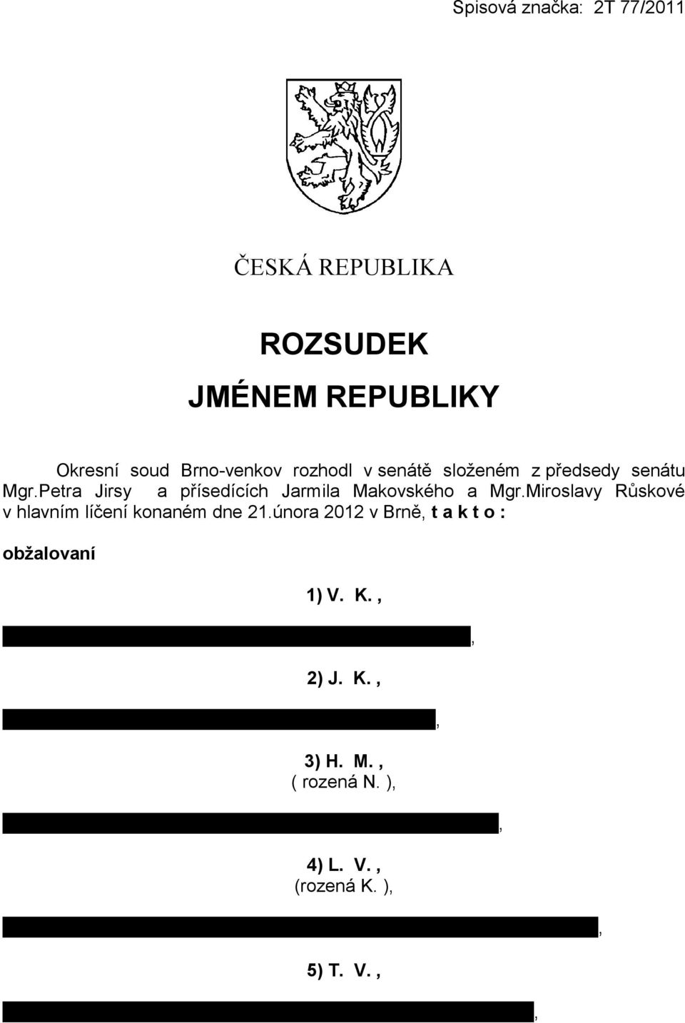 1988 v Brně, student, trvale bytem Hajany 112, 2) J. K., nar. 7. 4. 1966 v Kyjově, řidič, trvale bytem Hajany 47, 3) H. M., ( rozená N. ), nar. 12. 1. 1939 v Brně, důchodkyně, trvale bytem Hajany 80, 4) L.