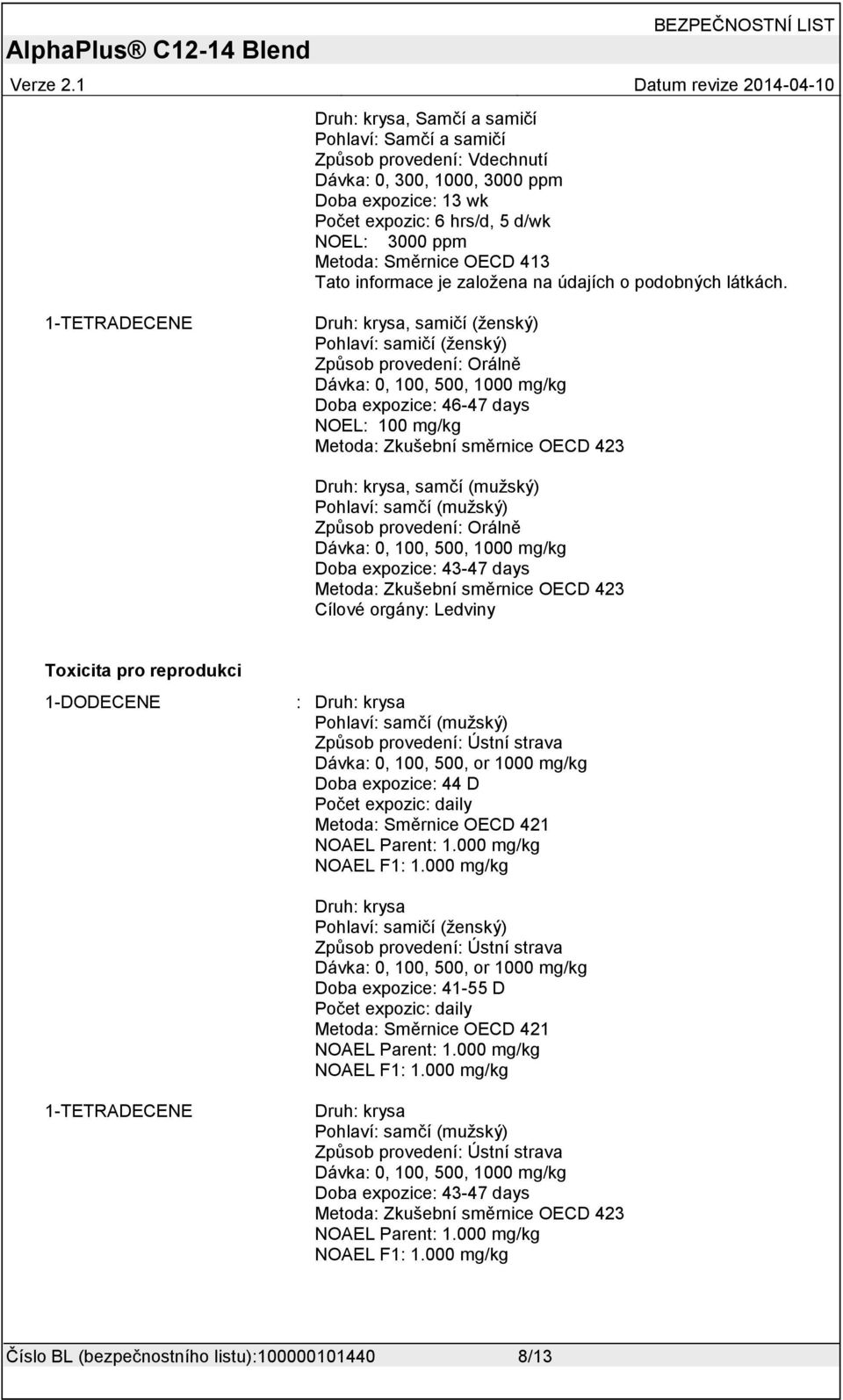 krysa, samčí (mužský) Pohlaví: samčí (mužský) Způsob provedení: Orálně Dávka: 0, 100, 500, 1000 mg/kg Doba expozice: 43-47 days Metoda: Zkušební směrnice OECD 423 Cílové orgány: Ledviny Toxicita pro
