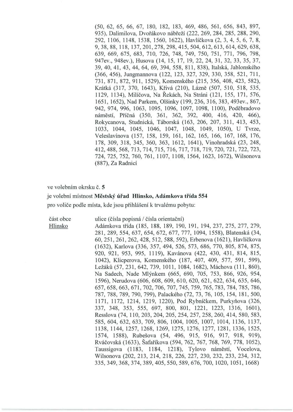 ), Husova (14, 15, 17, 19, 22, 24, 31, 32, 33, 35, 37, 39, 40, 41, 43, 44, 64, 69, 394, 558, 811, 838), Italská, Jablonského (366, 456), Jungmannova (122, 123, 327, 329, 330, 358, 521, 711, 731, 871,