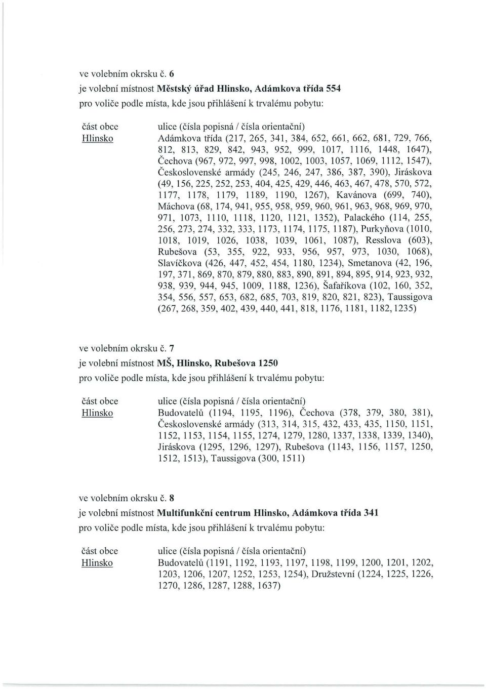 Čechova (967, 972, 997, 998, 1002, 1003, 1057, 1069, 1112, 1547), Československé armády (245, 246, 247, 386, 387, 390), Jiráskova (49, 156, 225, 252, 253, 404,425,429,446, 463, 467, 478, 570, 572,