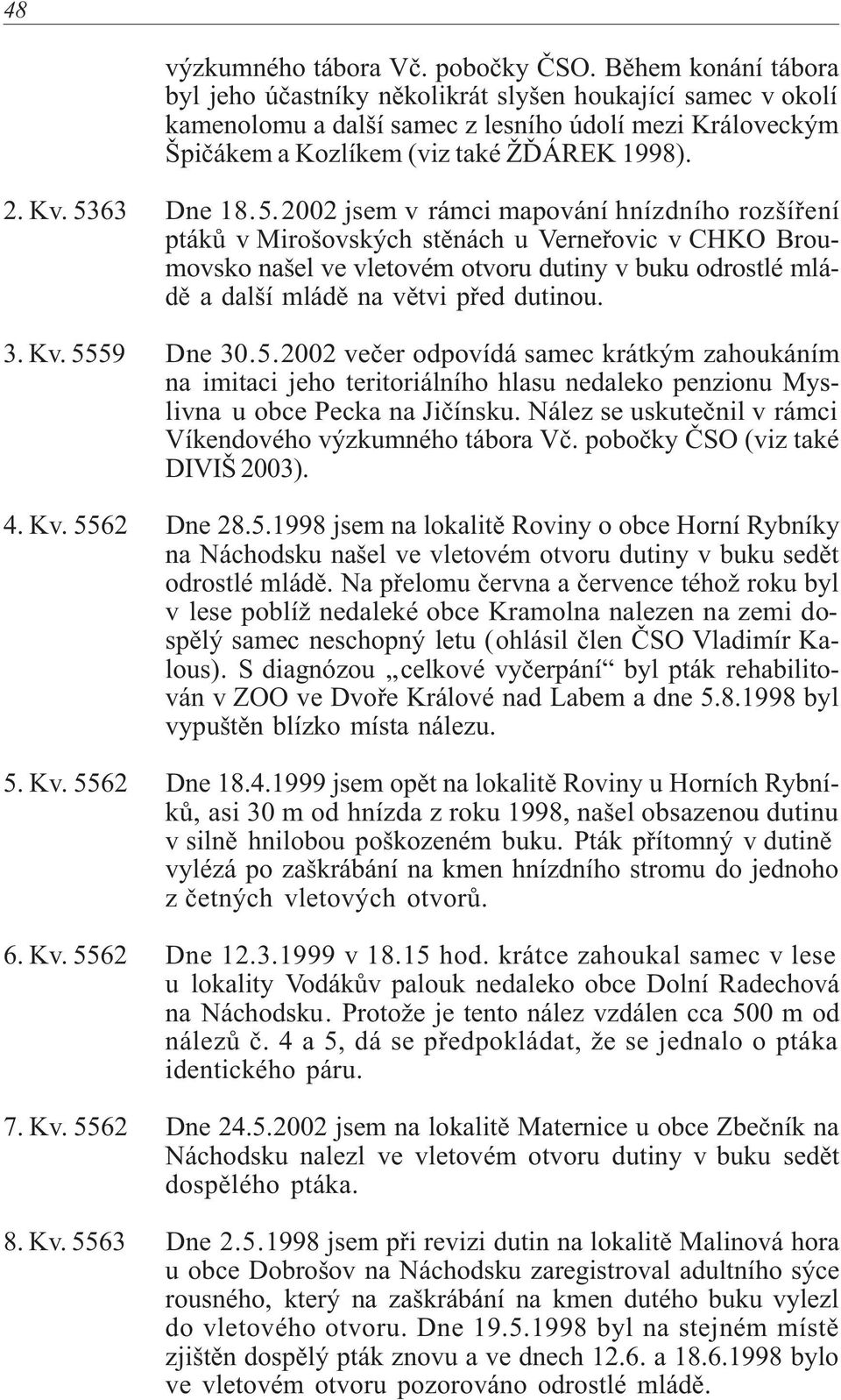 5363 Dne 18.5.2002 jsem v rámci mapování hnízdního rozšíøení ptákù v Mirošovských stìnách u Verneøovic v CHKO Broumovsko našel ve vletovém otvoru dutiny v buku odrostlé mládì a další mládì na vìtvi pøed dutinou.