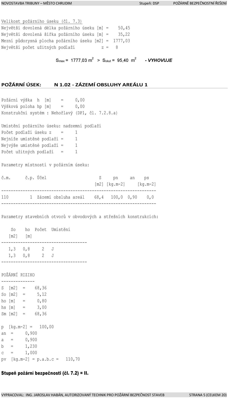 Smax = 1777,03 m 2 > Sskut = 95,40 m 2 - VYHOVUJE POŽÁRNÍ ÚSEK: N 1.02 - ZÁZEMÍ OBSLUHY AREÁLU 1 Požární výška h [m] = 0,00 Výšková poloha hp [m] = 0,00 Konstrukční systém : Nehořlavý (DP1, čl. 7.2.8.
