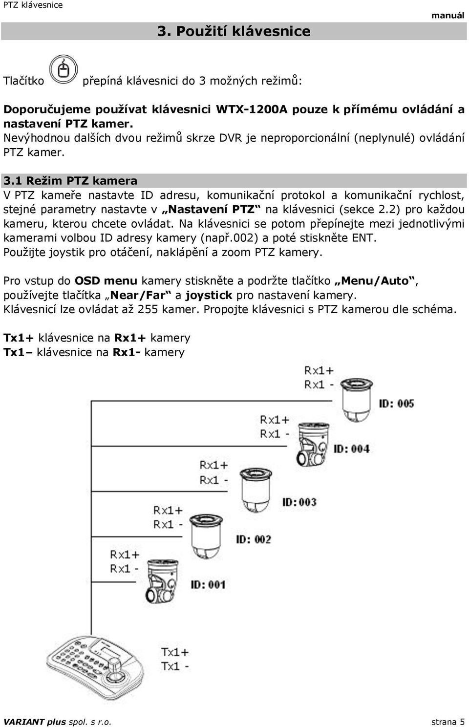 1 Režim PTZ kamera V PTZ kameře nastavte ID adresu, komunikační protokol a komunikační rychlost, stejné parametry nastavte v Nastavení PTZ na klávesnici (sekce 2.