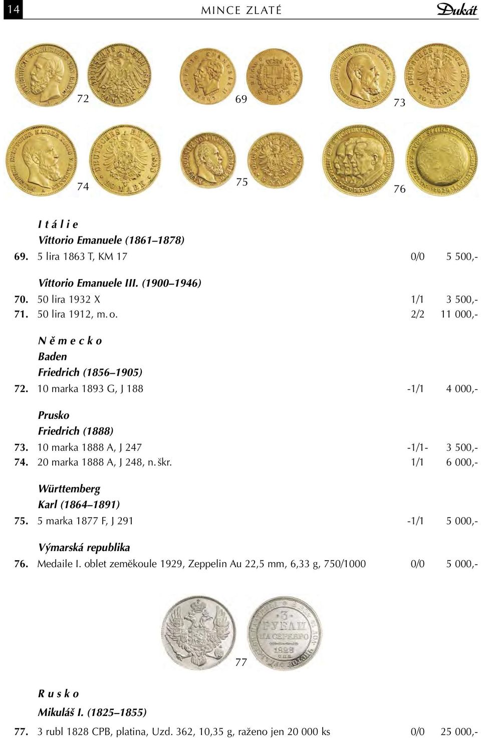 10 marka 1888 A, J 247-1/1-3 500,- 74. 20 marka 1888 A, J 248, n. škr. 1/1 6 000,- Württemberg Karl (1864 1891) 75. 5 marka 1877 F, J 291-1/1 5 000,- Výmarská republika 76.