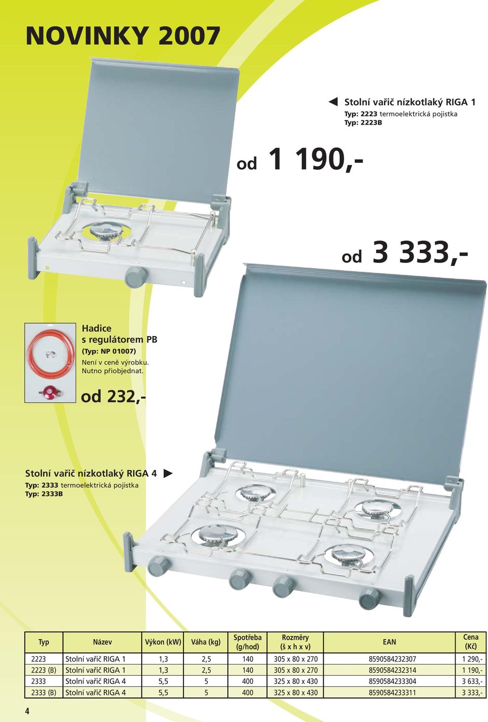 od 232,- Stolní vařič nízkotlaký RIGA 4 Typ: 2333 termoelektrická pojistka Typ: 2333B 4 Typ Název Výkon (kw) Váha (kg) 2223 Stolní vařič RIGA 1 1,3 2,5