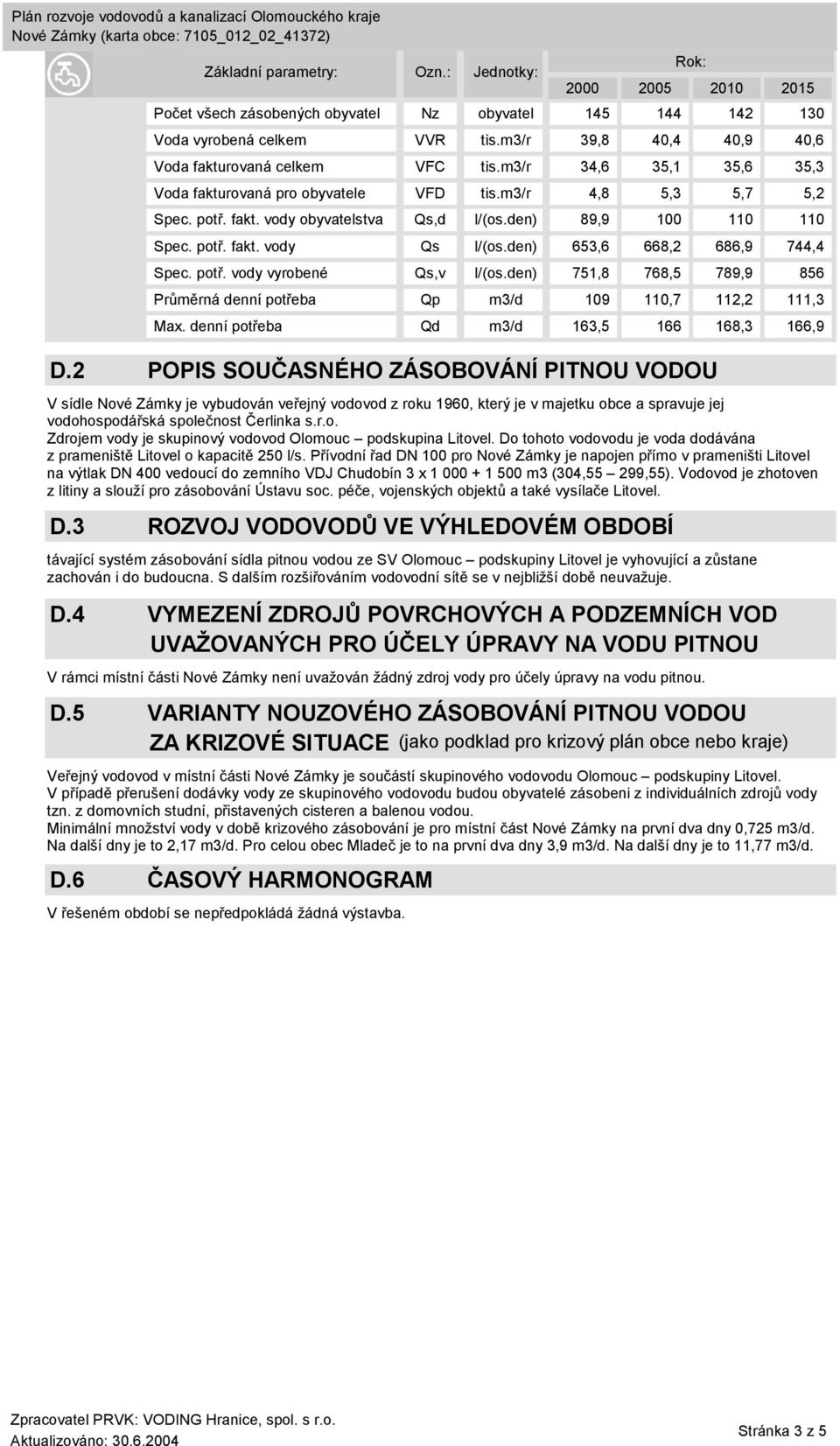 Do tohoto vodovodu je voda dodávána z prameniště Litovel o kapacitě 250 l/s.