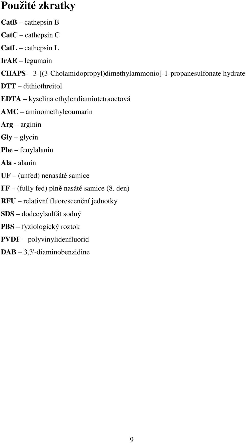 AMC aminomethylcoumarin Arg arginin Gly glycin Phe fenylalanin Ala - alanin UF (unfed) nenasáté samice FF (fully fed) plně
