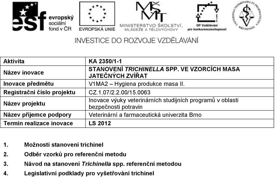 0063 Název projektu Inovace výuky veterinárních studijních programů v oblasti bezpečnosti potravin Název příjemce podpory Veterinární a