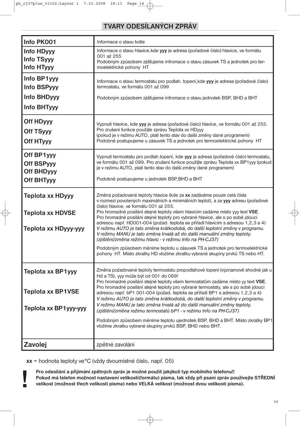 2008 18:11 Page 14 TVARY ODESÍLANÝCH ZPRÁV Info PK001 Info HDyyy Info TSyyy Info HTyyy Info BP1yyy Info BSPyyy Info BHDyyy Info BHTyyy Informace o stavu kotle Informace o stavu hlavice,kde yyy je