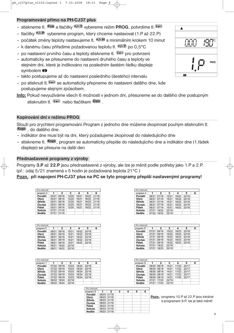 +/- T po 0,5 C - po nastavení prvního času a teploty stiskneme tl.