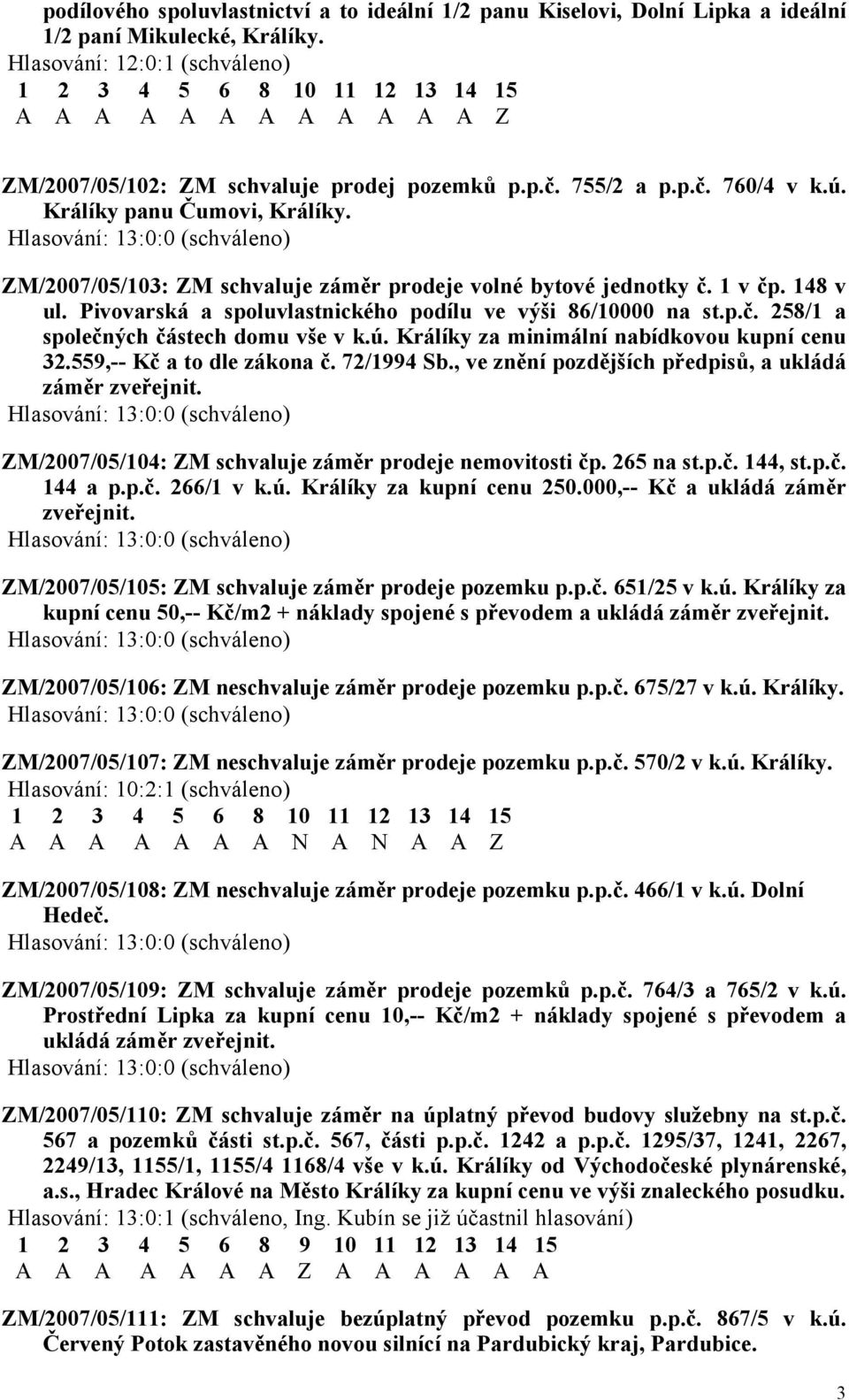 Pivovarská a spoluvlastnického podílu ve výši 86/10000 na st.p.č. 258/1 a společných částech domu vše v k.ú. Králíky za minimální nabídkovou kupní cenu 32.559,-- Kč a to dle zákona č. 72/1994 Sb.