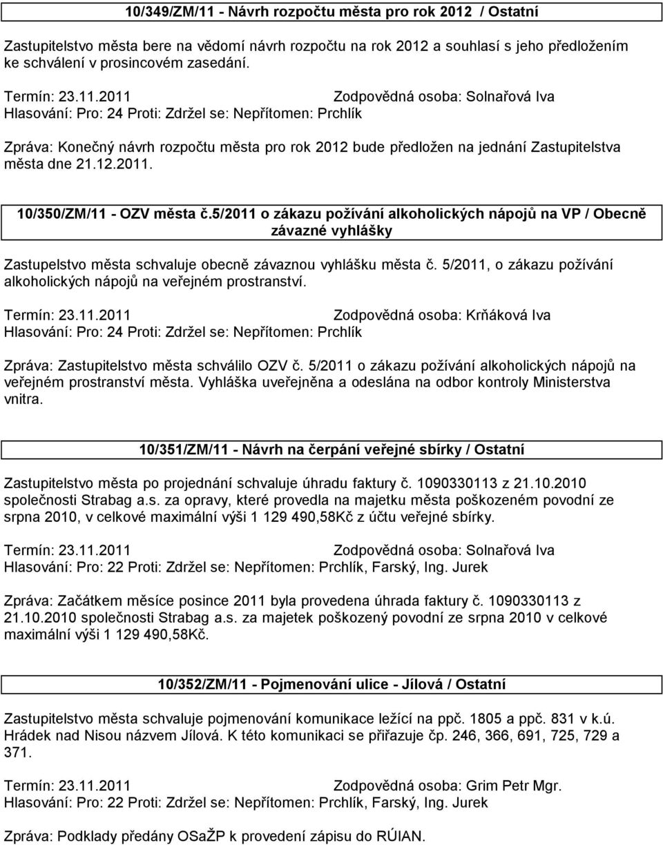 10/350/ZM/11 - OZV města č.5/2011 o zákazu požívání alkoholických nápojů na VP / Obecně závazné vyhlášky Zastupelstvo města schvaluje obecně závaznou vyhlášku města č.