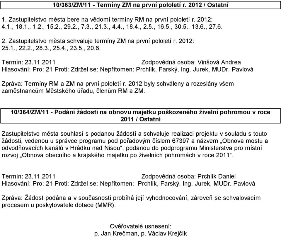 Jurek, MUDr. Pavlová Zpráva: Termíny RM a ZM na první pololetí r. 2012 byly schváleny a rozeslány všem zaměstnancům Městského úřadu, členům RM a ZM.