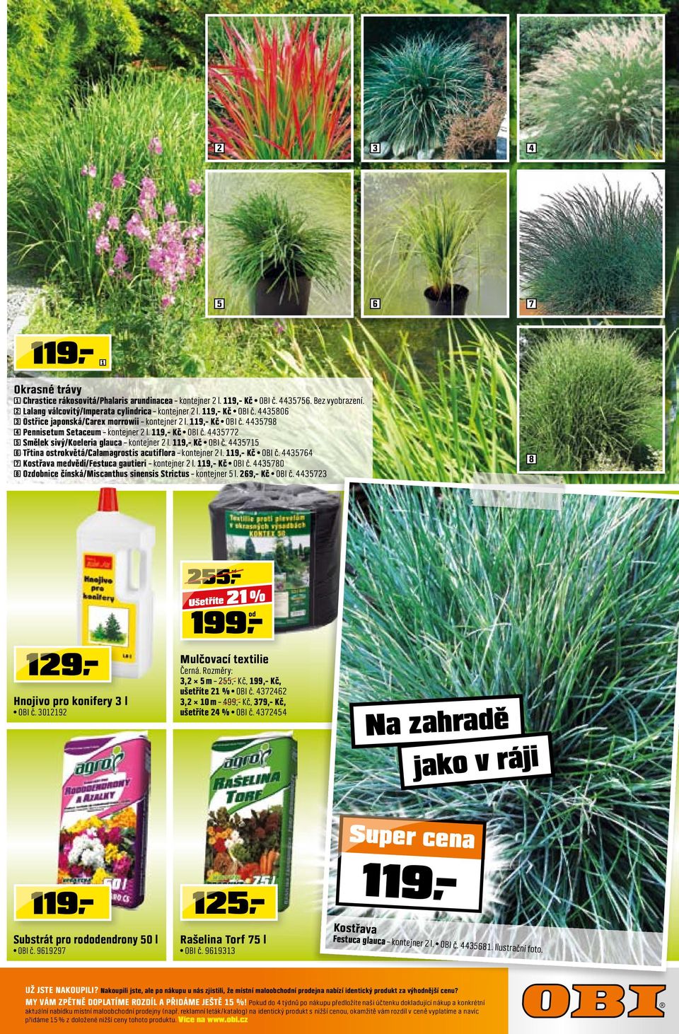 119,- Kč OBI č. 4435764 Kostřava medvědí/festuca gautieri kontejner 2 l. 119,- Kč OBI č. 4435780 Ozdobnice čínská/miscanthus sinensis Strictus kontejner 5 l. 269,- Kč OBI č.
