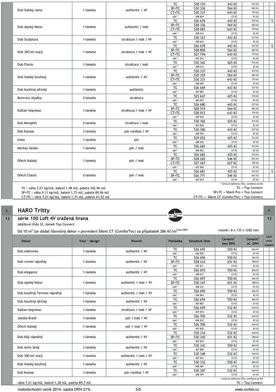 balení 1,98 m2, paleta 102,96 m2 SP+TC : váha 9,11 kg/m2, balení 1,73 m2, paleta 89,96 m2 CT+TC : váha 7,21 kg/m2, balení 1,73 m2, paleta 41,52 m2 TC 530 335 443 Kč 537 Kč SP+TC 530 336 564 Kč 683 Kč