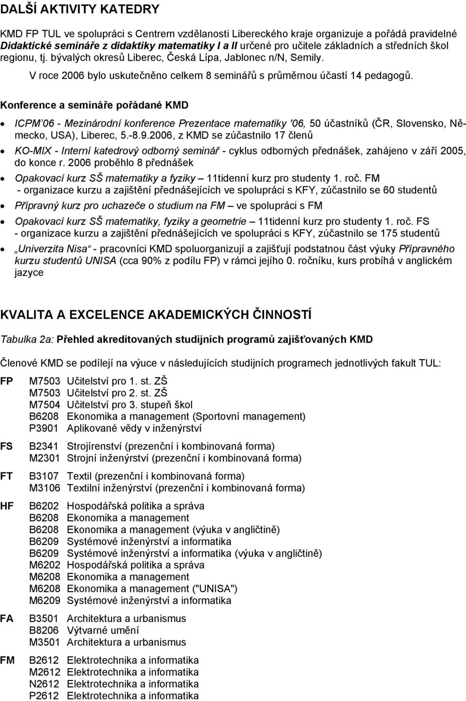 Konference a semináře pořádané KMD ICPM 06 - Mezinárodní konference Prezentace matematiky '06, 50 účastníků (ČR, Slovensko, Německo, USA), Liberec, 5.-8.9.