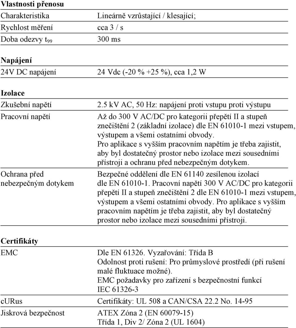 5 kv AC, 50 Hz: napájení proti vstupu proti výstupu Až do 300 V AC/DC pro kategorii přepětí II a stupeň znečištění 2 (základní izolace) dle EN 61010-1 mezi vstupem, výstupem a všemi ostatními obvody.