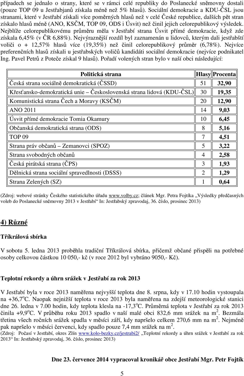 jejich celorepublikový výsledek. Nejblíže celorepublikovému průměru měla v Jestřabí strana Úsvit přímé demokracie, když zde získala 6,45% (v ČR 6,88%).