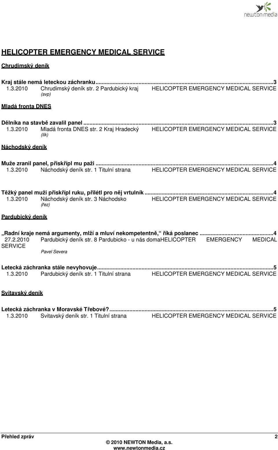 1 Titulní strana Těžký panel muži přiskřípl ruku, přilétl pro něj vrtulník... 4 1.3.2010 Náchodský deník str.