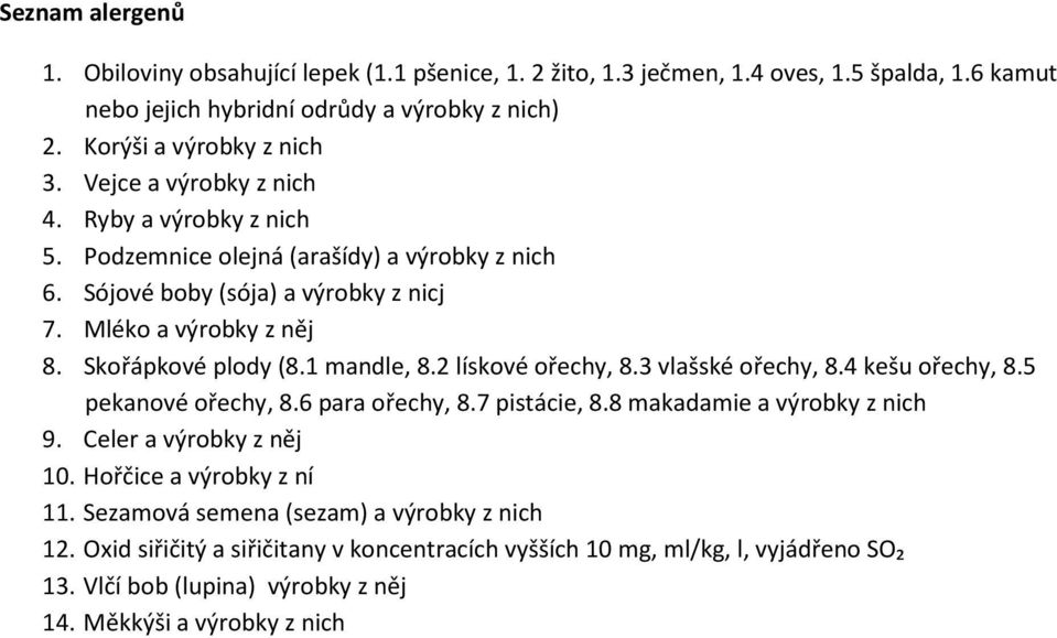 1 mandle, 8.2 lískové ořechy, 8.3 vlašské ořechy, 8.4 kešu ořechy, 8.5 pekanové ořechy, 8.6 para ořechy, 8.7 pistácie, 8.8 makadamie a výrobky z nich 9. Celer a výrobky z něj 10.