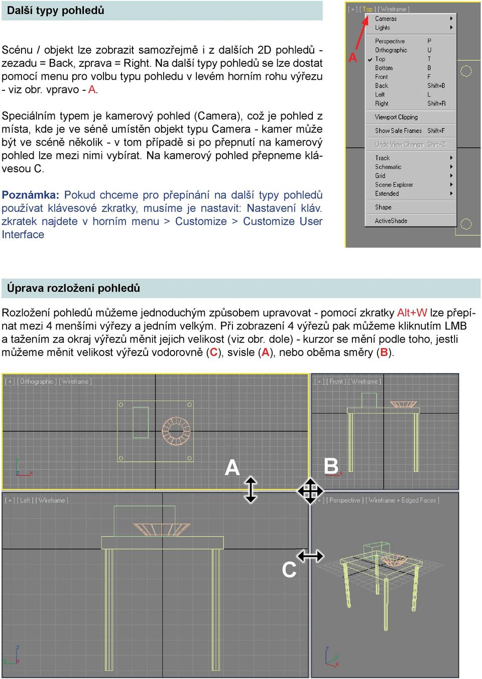 A Speciálním typem je kamerový pohled (Camera), což je pohled z místa, kde je ve séně umístěn objekt typu Camera - kamer může být ve scéně několik - v tom případě si po přepnutí na kamerový pohled