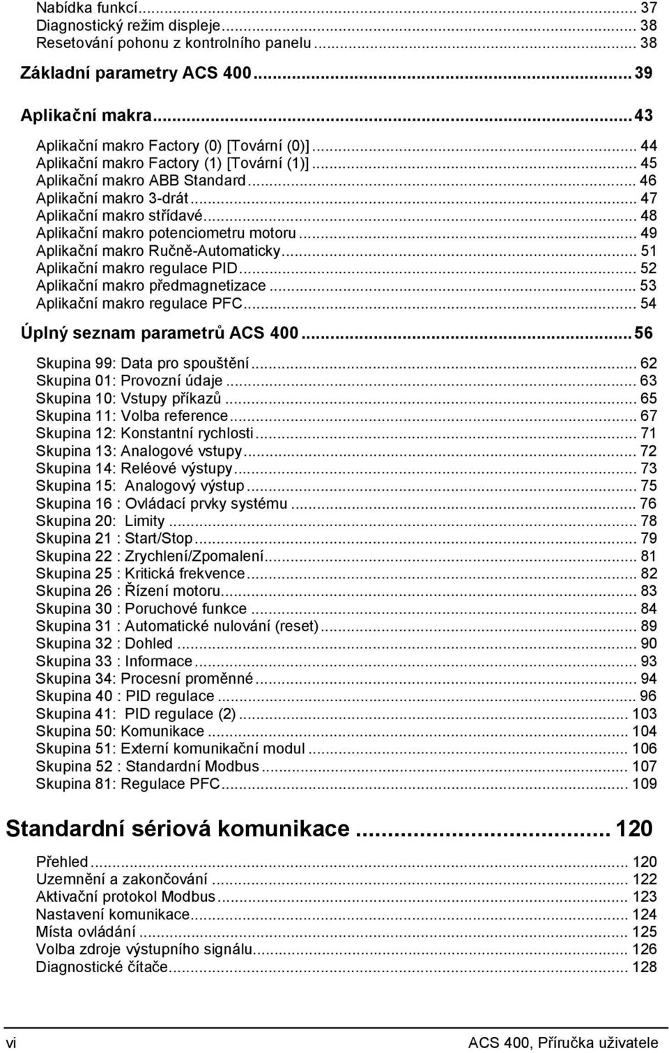 .. 49 Aplikační makro Ručně-Automaticky... 51 Aplikační makro regulace PID... 52 Aplikační makro předmagnetizace... 53 Aplikační makro regulace PFC... 54 Úplný seznam parametrů ACS 400.