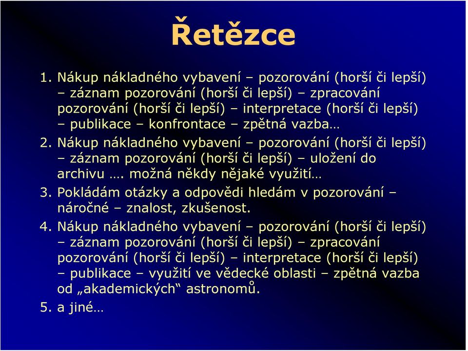 publikace konfrontace zpětná vazba 2. Nákup nákladného vybavení pozorování (horší či lepší) záznam pozorování (horší či lepší) uložení do archivu.