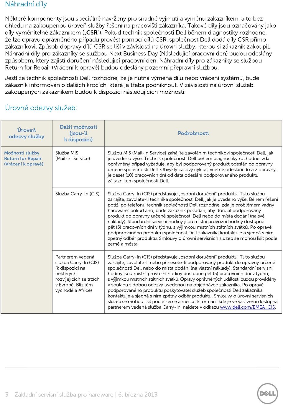 Pokud technik společnosti Dell během diagnostiky rozhodne, že lze opravu oprávněného případu provést pomocí dílů CSR, společnost Dell dodá díly CSR přímo zákazníkovi.