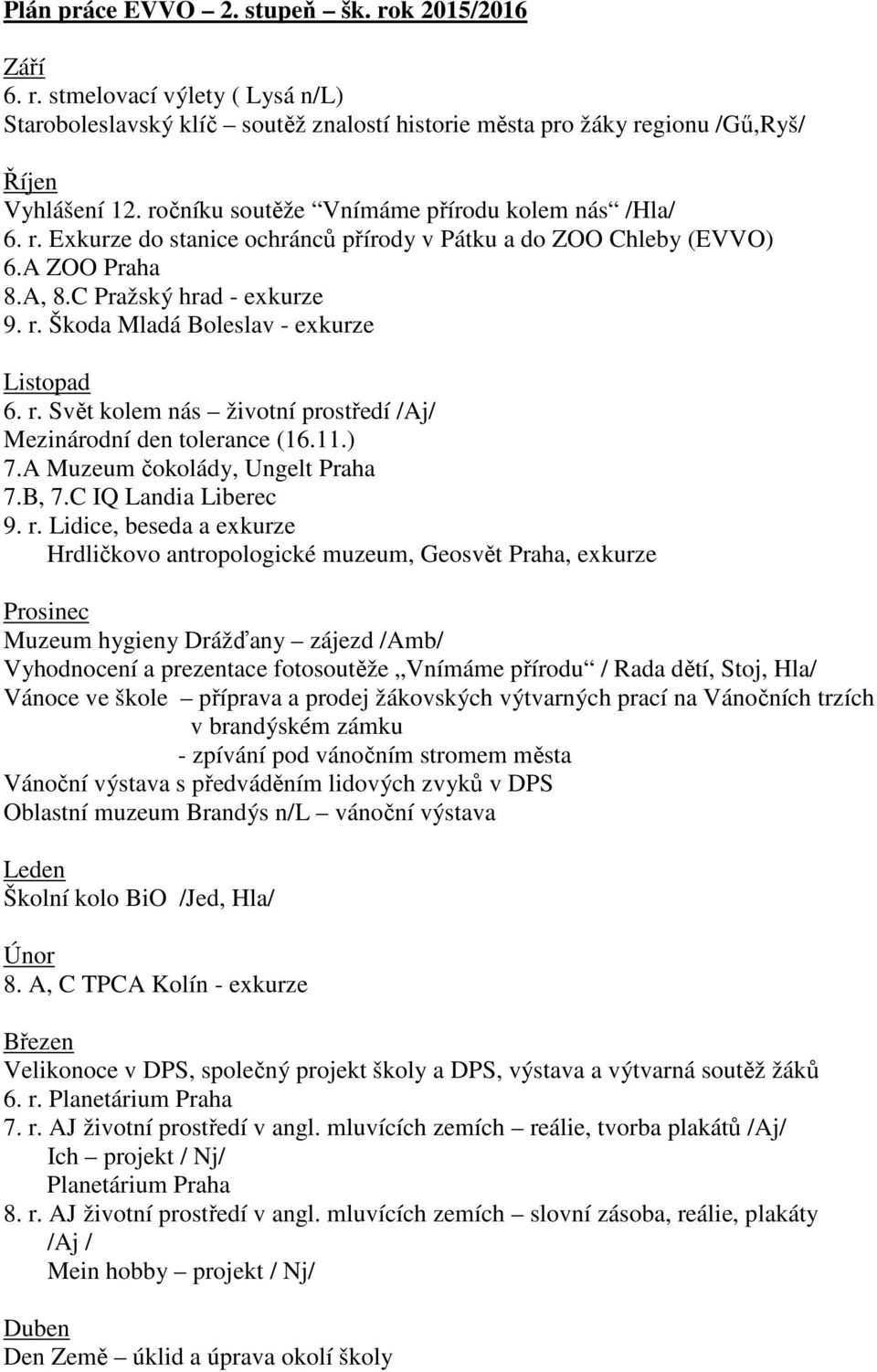 r. Svět kolem nás životní prostředí /Aj/ Mezinárodní den tolerance (16.11.) 7.A Muzeum čokolády, Ungelt Praha 7.B, 7.C IQ Landia Liberec 9. r.