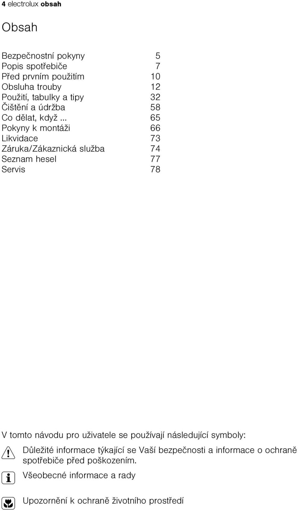 .. 65 Pokyny k montáži 66 Likvidace 73 Záruka/Zákaznická služba 74 Seznam hesel 77 Servis 78 V tomto návodu pro uživatele se