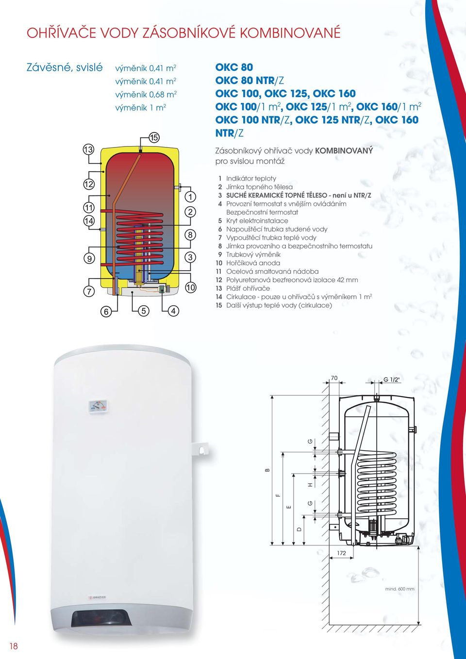 4 Provozní termostat s vnějším ovládáním Bezpečnostní termostat 5 Kryt elektroinstalace 6 Napouštěcí trubka studené vody 7 Vypouštěcí trubka teplé vody 8 Jímka provozního a bezpečnostního termostatu