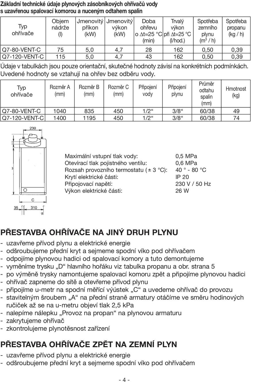 ) Spotřeba zemního plynu (m 3 / h) Spotřeba propanu (kg / h) Q7-80-VENT-C 75 5,0 4,7 28 162 0,50 0,39 Q7-120-VENT-C 115 5,0 4,7 43 162 0,50 0,39 Údaje v tabulkách jsou pouze orientační, skutečné