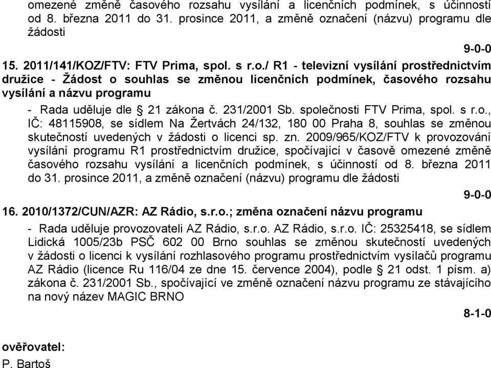 společnosti FTV Prima, spol. s r.o., IČ: 48115908, se sídlem Na Ţertvách 24/132, 180 00 Praha 8, souhlas se změnou skutečností uvedených v ţádosti o licenci sp. zn.