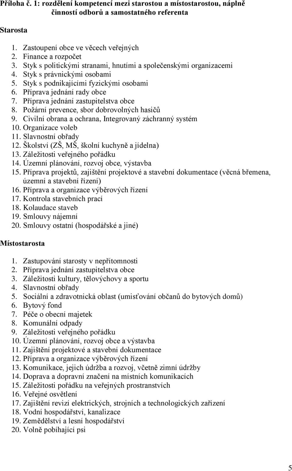 Příprava jednání zastupitelstva obce 8. Požární prevence, sbor dobrovolných hasičů 9. Civilní obrana a ochrana, Integrovaný záchranný systém 10. Organizace voleb 11. Slavnostní obřady 12.