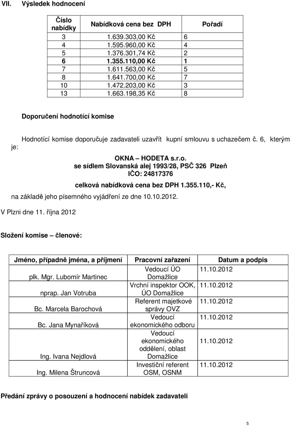 355.110,- Kč, na základě jeho písemného vyjádření ze dne 10.10.2012. V Plzni dne 11.