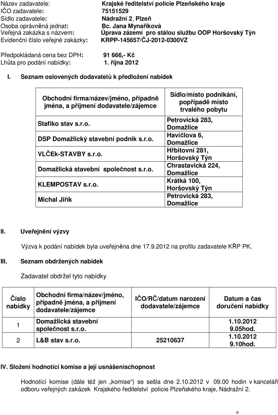 pro podání nabídky: 1. října 2012 I. Seznam oslovených dodavatelů k předložení nabídek Obchodní firma/název/jméno, případně jména, a příjmení dodavatele/zájemce Stafiko stav s.r.o. DSP Domažlický stavební podnik s.