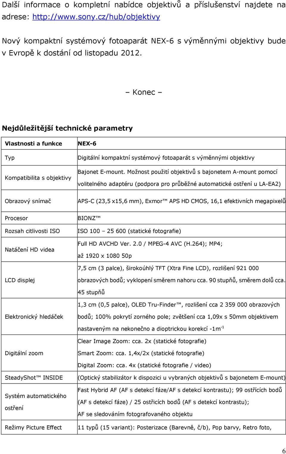 Konec Nejdůležitější technické parametry Vlastnosti a funkce NEX-6 Typ Kompatibilita s objektivy Digitální kompaktní systémový fotoaparát s výměnnými objektivy Bajonet E-mount.