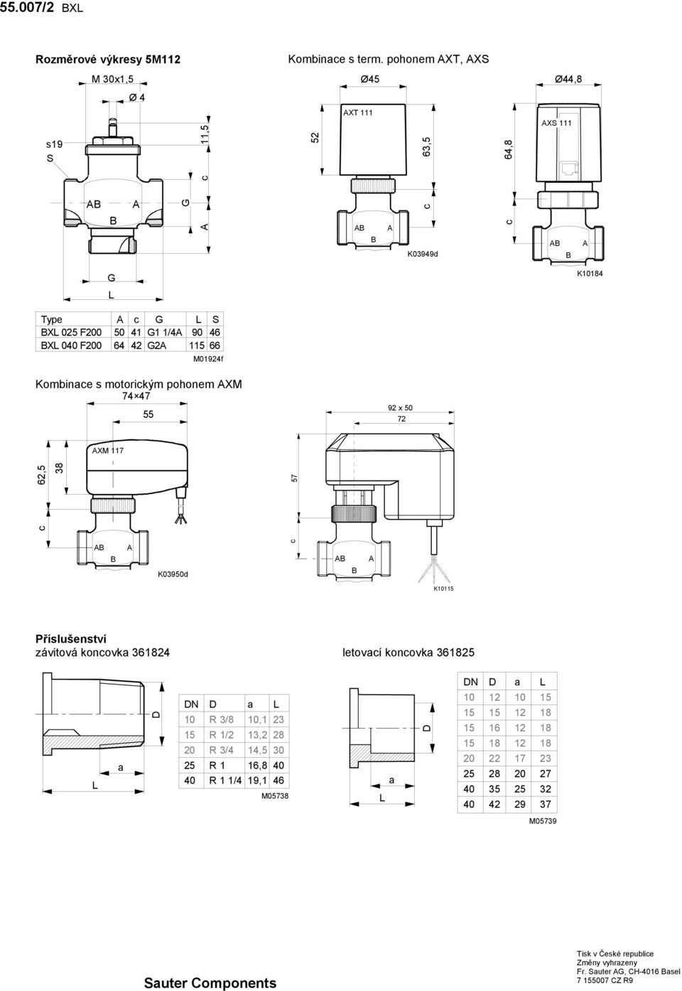 M01924f Kombinae s motorikým pohonem XM 74 47 55 92 x 50 72 XM 117 62,5 38 57 K03950d K10115 Příslušenství závitová konovka 361824 letovaí konovka 361825 a D DN D a