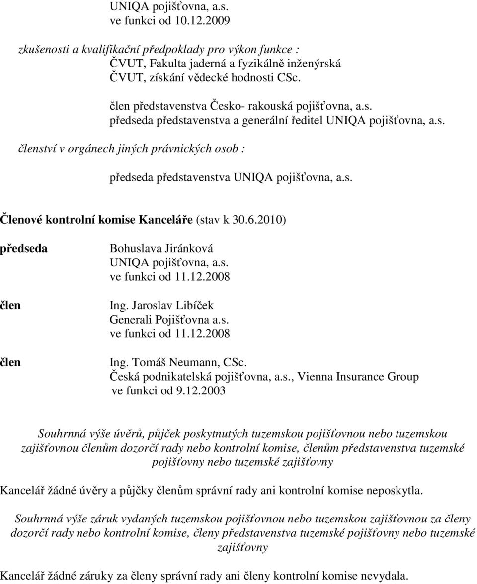 s. Členové kontrolní komise Kanceláře (stav k 30.6.2010) předseda člen člen Bohuslava Jiránková UNIQA pojišťovna, a.s. ve funkci od 11.12.2008 Ing. Jaroslav Libíček Generali Pojišťovna a.s. ve funkci od 11.12.2008 Ing. Tomáš Neumann, CSc.